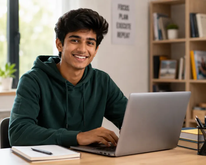 A learner working through the curriculum on a laptop